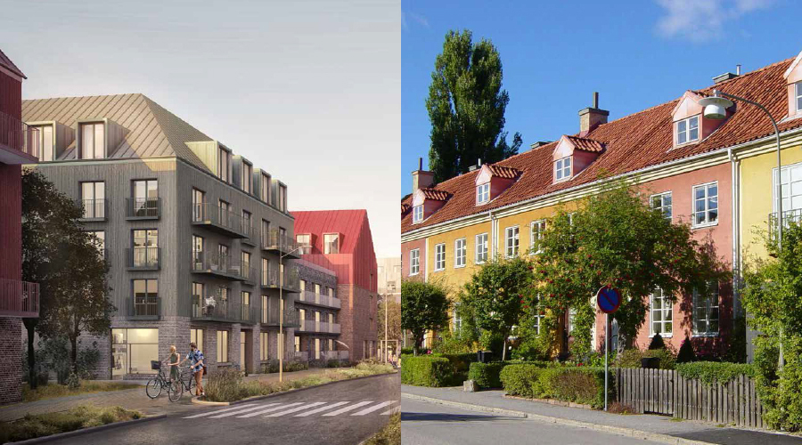 Stadsradhus i olika färger och flerbostadshus med träfasad. 