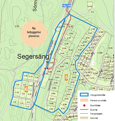 Karta över området i Segersäng som ska anslutas till kommunalt VA.
