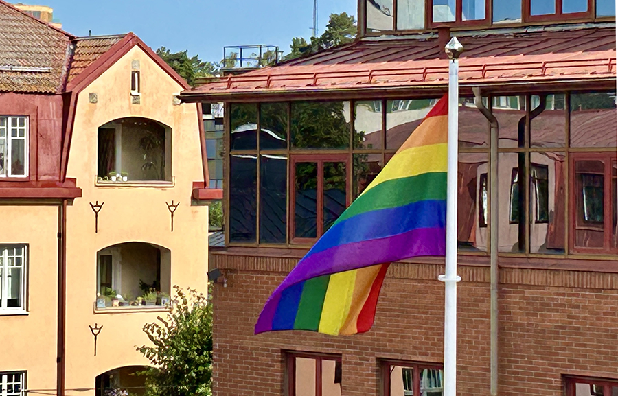 Prideflaggan vajar vid Stadshusplatsen i Nynäshamn.